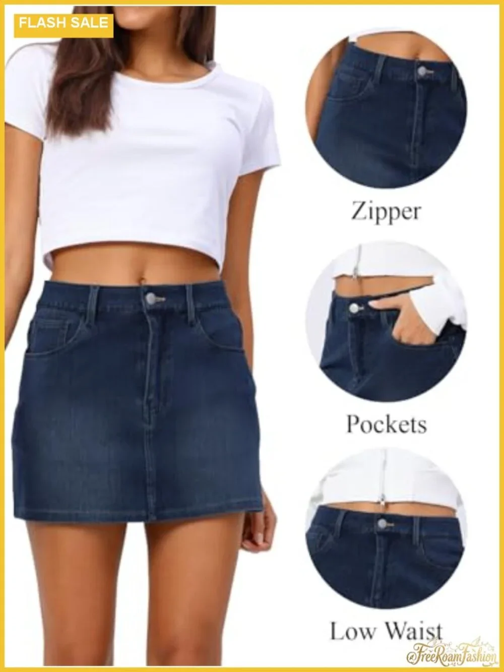 Denim Mini Skirt for Women Stretch Casual Zip Fly with Pockets